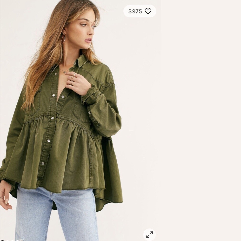 We The Free Olive Green Button-Down Peplum Shirt